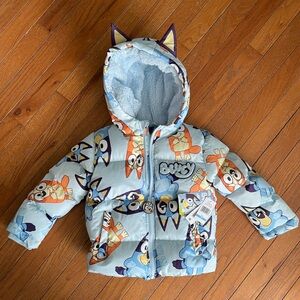NWT Bluey Puffer Jacket Toddler 4T Light Blue Sherpa Lined Hooded Coat